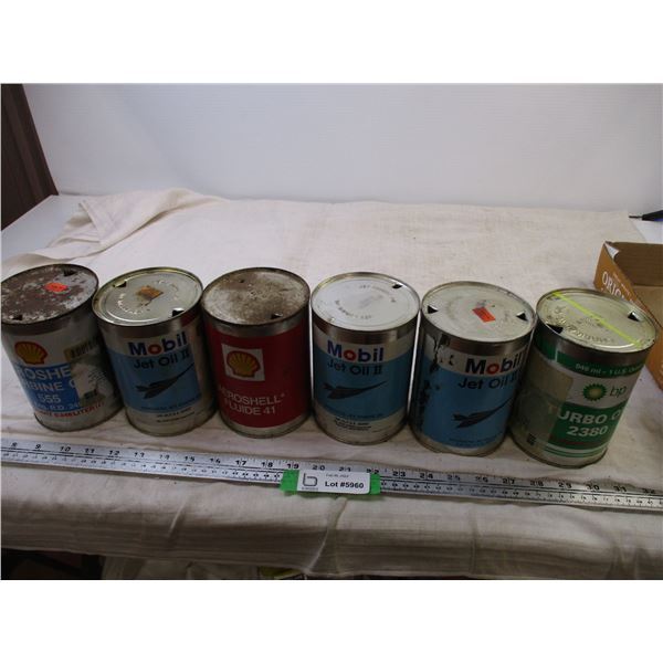 (6) Oil Tins (Mobil Jet, Aeroshell, Turbo)