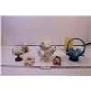 Image 1 : (4) Glass Candleholders + Blue Glass Basket and Pitcher