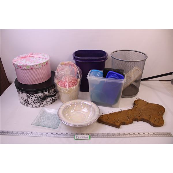 (2) Hat Boxes, (3) Garbage Cans +Misc