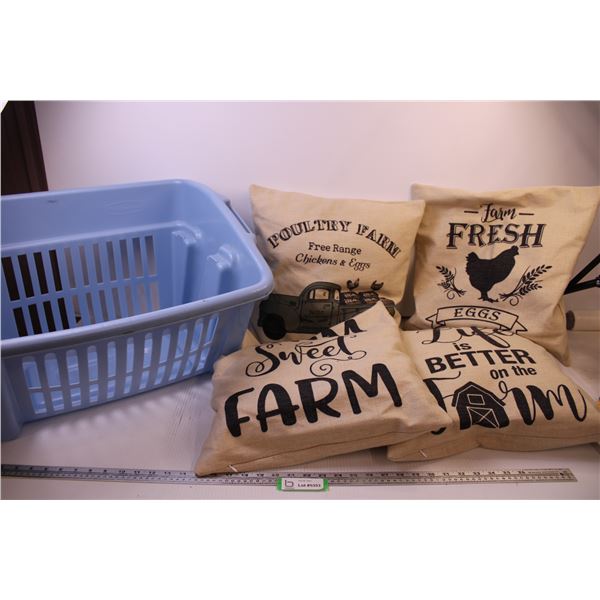 (4) Farm Themed Decor Pillows + Laundry Basket