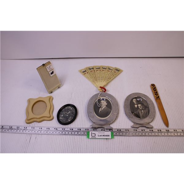 (5) Vintage Picture Framed + Fan and Letter Opener