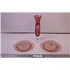 Image 1 : (2) Pink Depression Glass Bread Plates + Cranberry Glass Vase