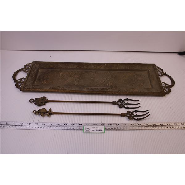 Pair of Brass Fireplace Forks and Brass Tray