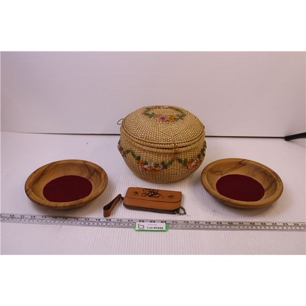 Woven Basket, (2) Wooden Collection Plates + Wallet