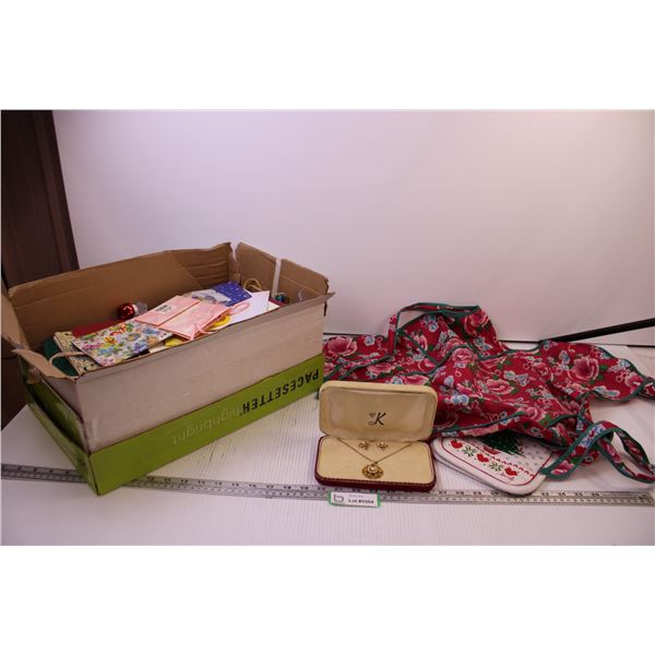 Box of Assorted Gift Bags + Necklace and Earring Set and Apron