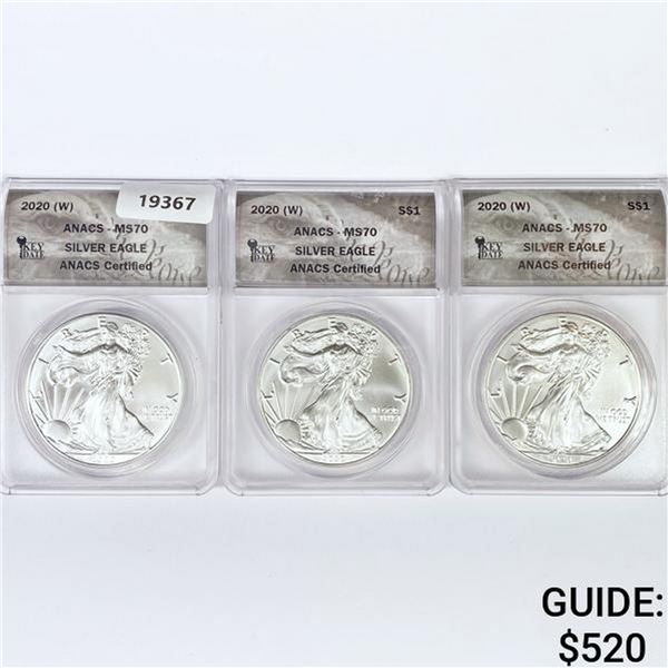 (3) 2020-W American Silver Eagles ANACS MS70