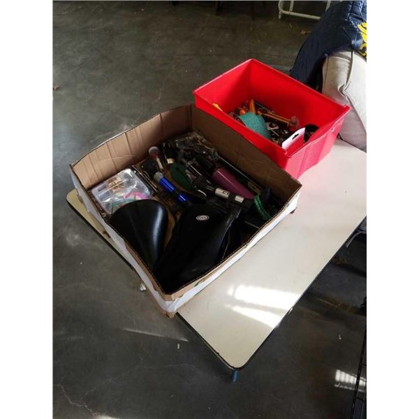 BOX AND BIN OF BIKE TOOLS AND PARTS