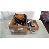 Image 1 : FOOTPRINT PLANER, VINTAGE GRAY NAIL PULLER WITH BOX OF HITCH, JUMP CABLES AND TOOLBELT