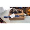 Image 2 : FOOTPRINT PLANER, VINTAGE GRAY NAIL PULLER WITH BOX OF HITCH, JUMP CABLES AND TOOLBELT