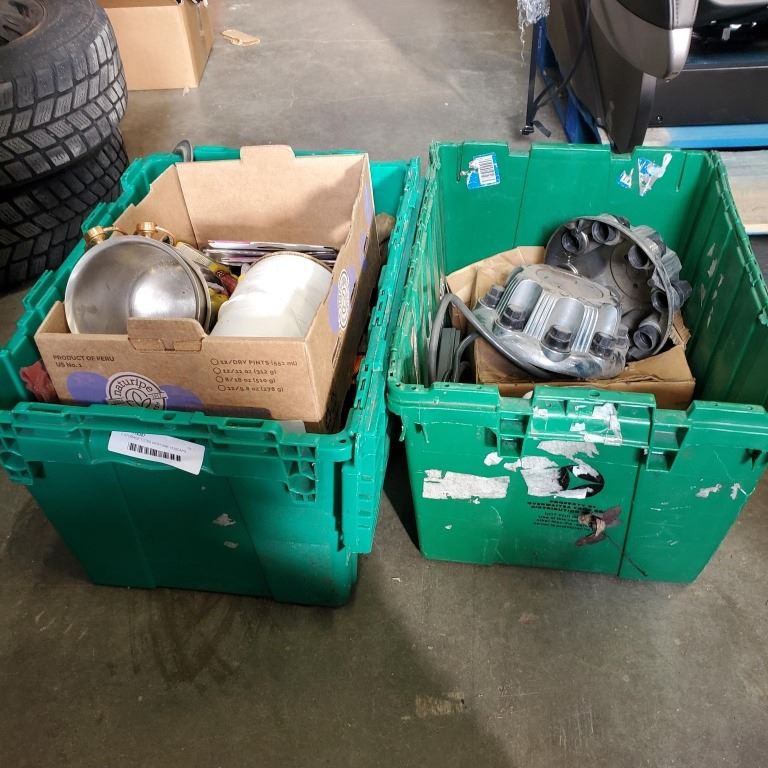 2 STORAGE TOTES WITH GMC HUBCAPS, POWER BAR, FALL ARREST GEAR AND MORE