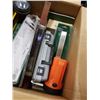 Image 3 : BOX OF DOOR HANDLES, TACKLE BOX, DREMEL, LEVELS, CIGAR BOX, VINTAGE TINS, FLOODLIGHT