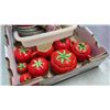 Image 2 : TRAY OF FIFTH AVENUE CHINA CUPS AND SAUCERS AND TOMATO THEMED CREAM, SUGAR, TEAPOT, LIDDED JAR, SERV