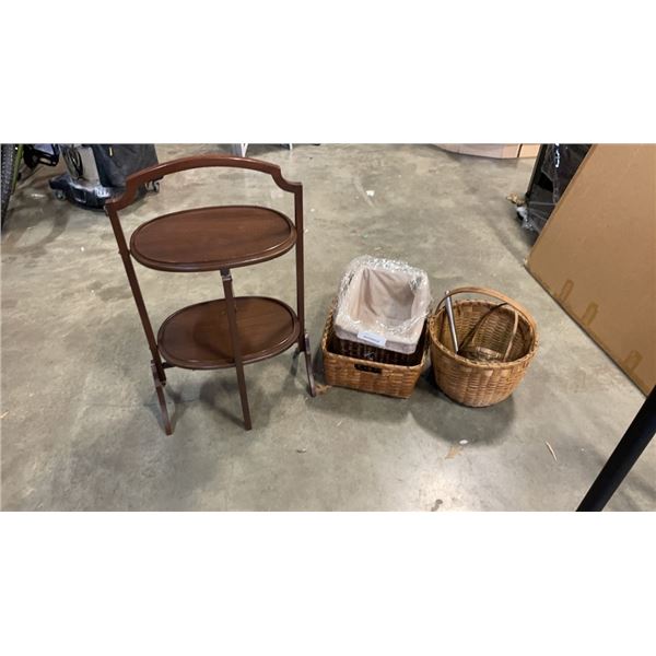 WOOD 2 TIER FOLDING TRAY SHELF AND WICKER BASKETS