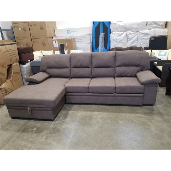 BRAND NEW GREY FABRIC 2 PC PULL OUT SLEEPER SECTIONAL W/ STORAGE CHAISE - RETAIL $2899, TALL PILLOW 