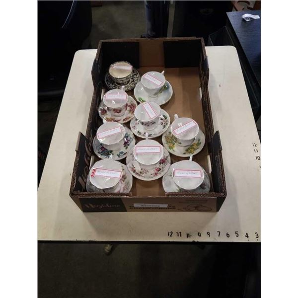 9 CHINA CUPS AND SAUCERS: MYOTT, MELBA, QUEEN ANNE AND ROYAL ALBERT