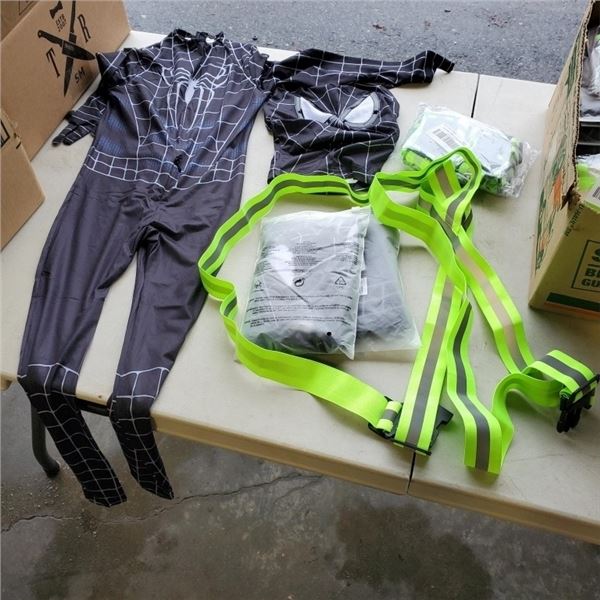 3 NEW BLACK SPIDERMAN BOYS S-120 COSTUMES AND 2 HIGH VIS STRAPS VESTS