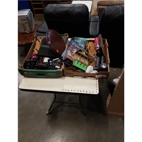 2 TRAYS OF COLLECTIBLES, FISHING REEL, WOOD CARS