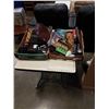 Image 1 : 2 TRAYS OF COLLECTIBLES, FISHING REEL, WOOD CARS