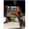 Image 2 : 2 TRAYS OF COLLECTIBLES, FISHING REEL, WOOD CARS