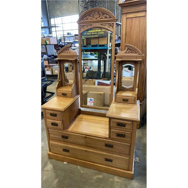 VINTAGE HIGHLY CARVED VANITY DESK WITH BEVELLED MIRROR