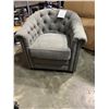 Image 2 : BRAND NEW COMFORTLAND GREY TUFTED SWIVEL ACCENT CHAIR - RETAIL $899 W/ GEL AND FEATHER CUSHION FOR E