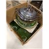Image 2 : BOX OF DEPRESSION GLASS AND SILVER PLATE LIDDED BOWL