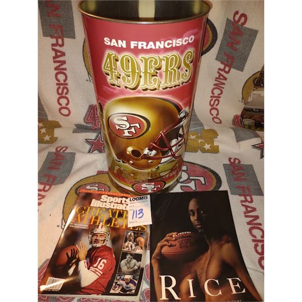 LOT: SF METAL CAN, JERRY RICE VINTAGE BOOK ,VINTAGE SPORTS ILLUSTRATED