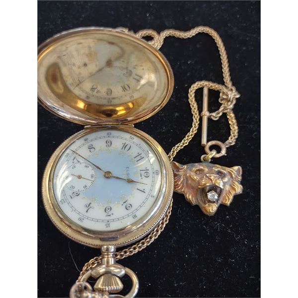 Beautiful Antique Elgin  Pocket Watch w Lion Head (with stones) Fob