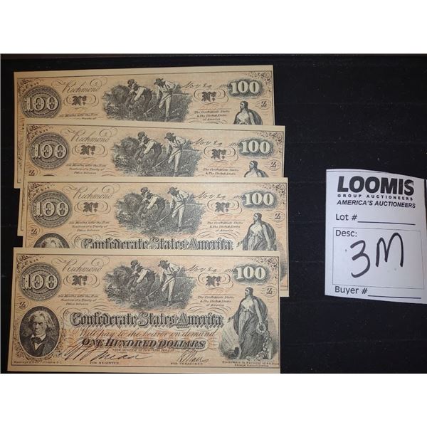 CONFEDERATE $100.00 BILLS X 4