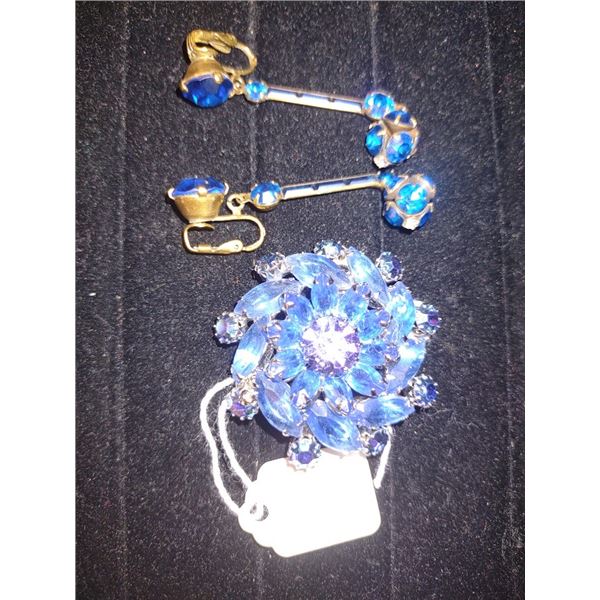 ANTIQUE  (SIGNED WEISS ) BLUE BROACH & EARRINGS
