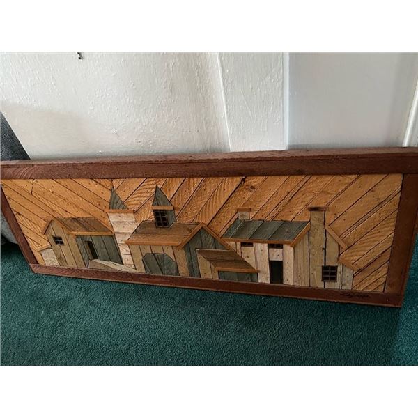 LARGE LATH ART SINGED AUSTIN WOOD WALL ART