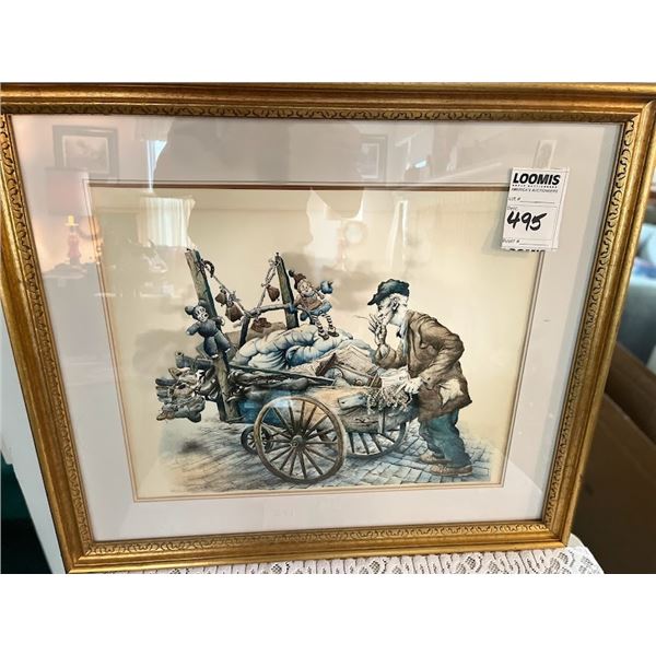Large Framed in Glass Antique Print of Man Collecting Unwanted Items w Push Wagon