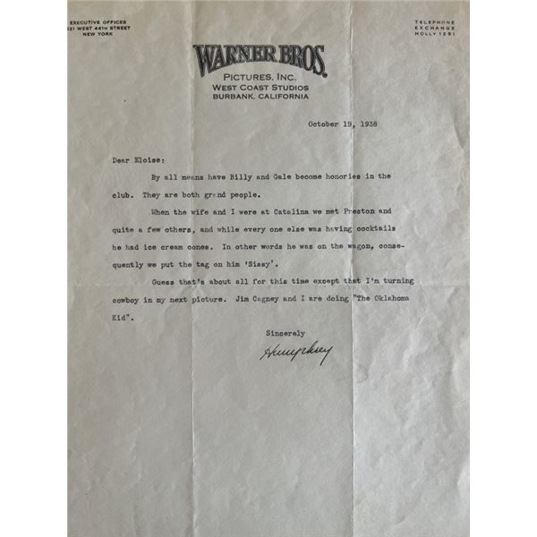 Warner Brothers Humphrey Bogart Signed Letter. ACE