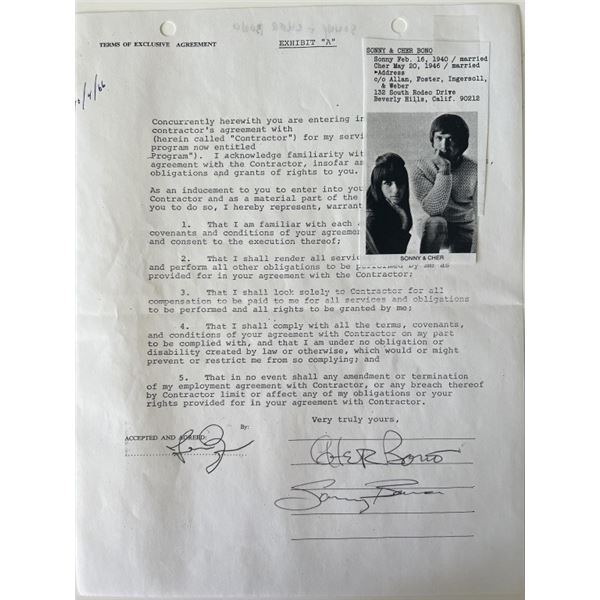 Sonny and Cher Signed Contract