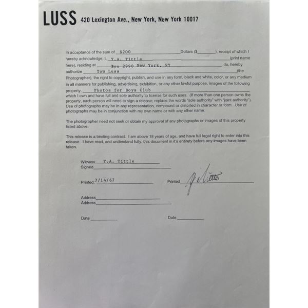 NY Giants Y. A. Tittle Signed Contract