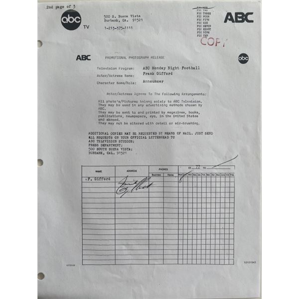 Frank Gifford Signed 1977 ABC Contract