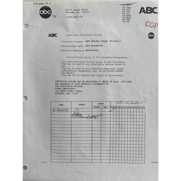 Don Meredith Signed 1977 ABC Contract