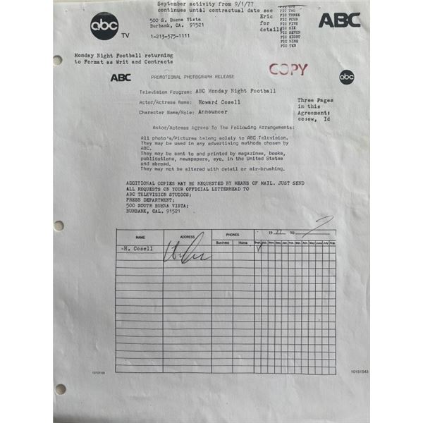 Howard Cosell Signed 1977 ABC Contract