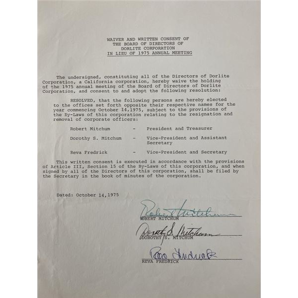 Robert Mitchum Signed Dorlite Corporation Document