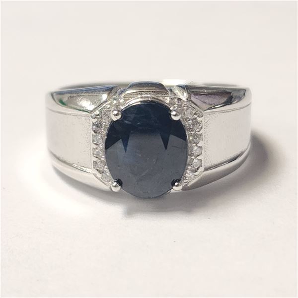 Silver Sapphire(3ct) Cubic Zirconia(0.24ct)  Ring (~Size 9 TO 10) weight 6.71g