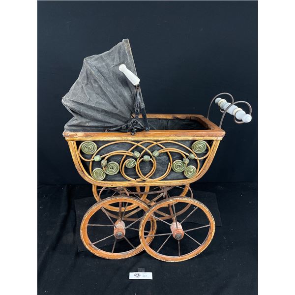 Vintage Victorian Style Wicker/Rattan Doll Pram w/Porcelain Accents - 20"x10"x23"Tall