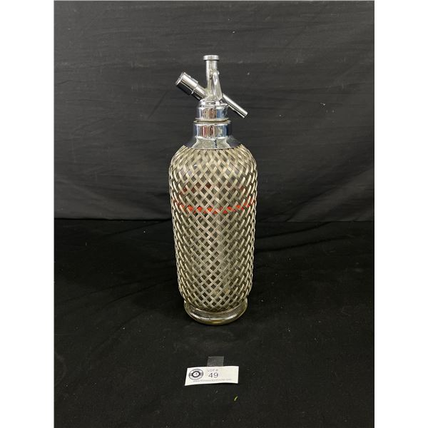 Vintage Glass Syphon Soda Bottle Encased In Wire Mesh w/Red Line-Made In England