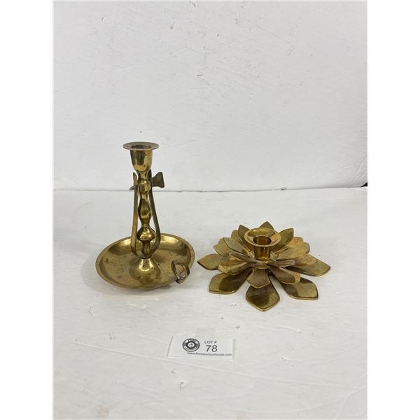 Brass Chamber Candlestick Holder & Heavy Vintage Brass Lotus Taper Candle Holder