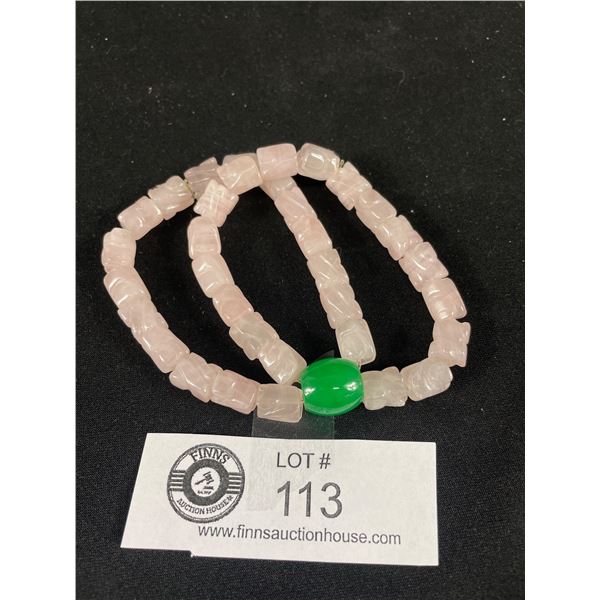 Hand Carved Rose Quartz Stone & Green Jade Beads Double Strand Stretch Bracelet