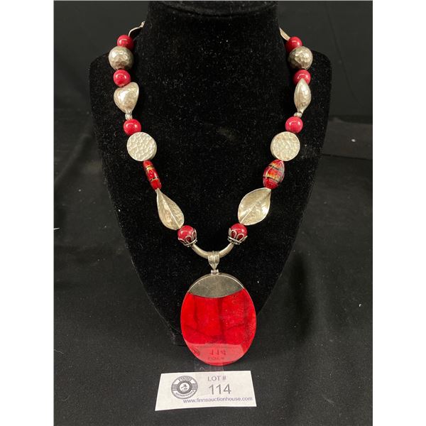 Unusual 925 Sterling Silver w/Red Stone Pendant w/Beads Necklace