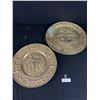 Image 1 : 2 Vintage Embossed Brass Wall Plaques 14" & 16" Diameter, Ship & Pilgrims