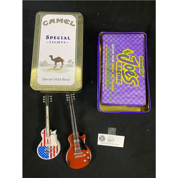 2 Guitar Lighters and Camel Tin and Joes Racing Matches