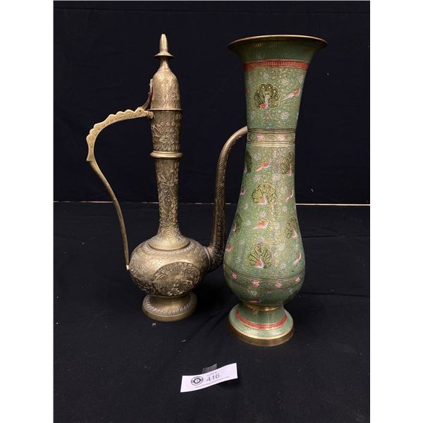 2 Vintage Nice Brass Vase and Jug, Tallest Being 18"