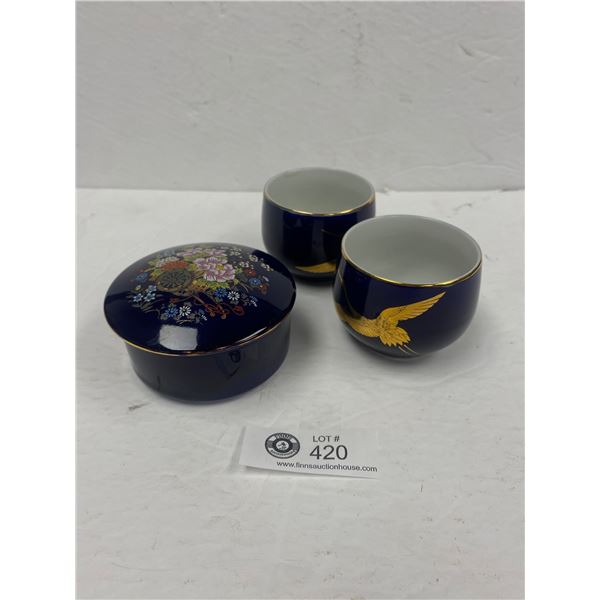 Nice Hand Painted Blue Trinket Box +24k Gold Rimmed Cups