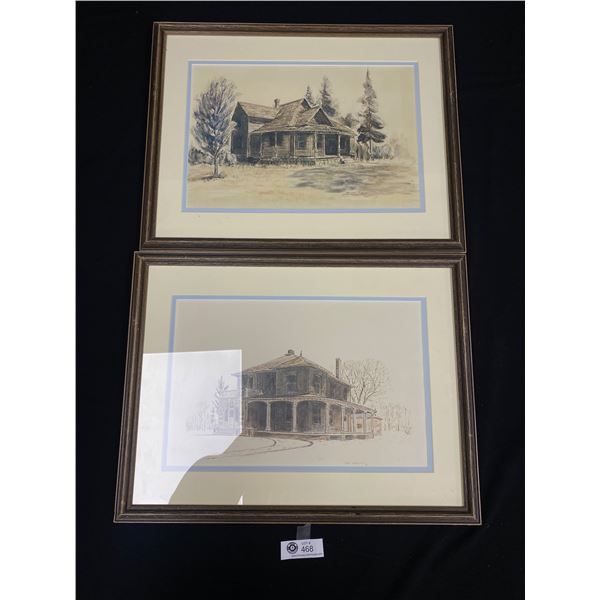 2 Vintage Framed 20 x 16" Signed Pencil Drawings of Chilliwack Buildings